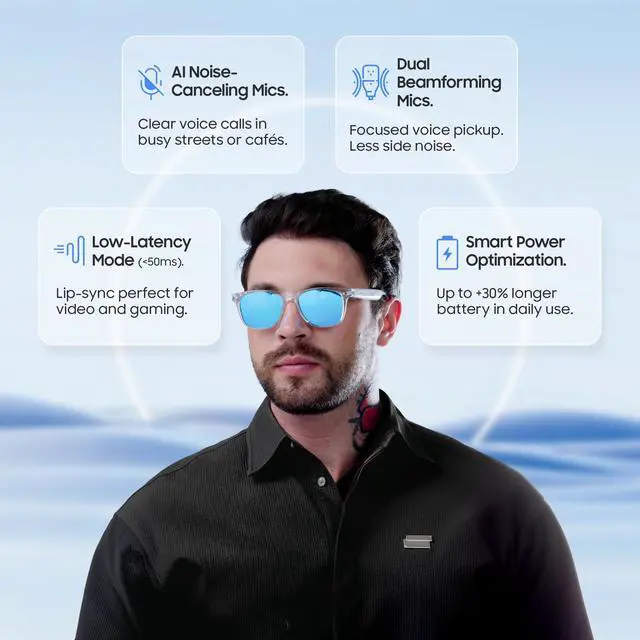 Alt view image 4 of 6 - AI Smart Glasses, Translator, Open-Ear Bluetooth Audio, Ice-Blue Lens | Real-time AI interpreter & translator, open-ear speakers, auto on/off wear sensor, touch control, for men & women
