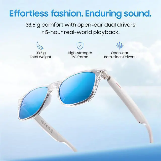 Alt view image 5 of 6 - AI Smart Glasses, Translator, Open-Ear Bluetooth Audio, Ice-Blue Lens | Real-time AI interpreter & translator, open-ear speakers, auto on/off wear sensor, touch control, for men & women