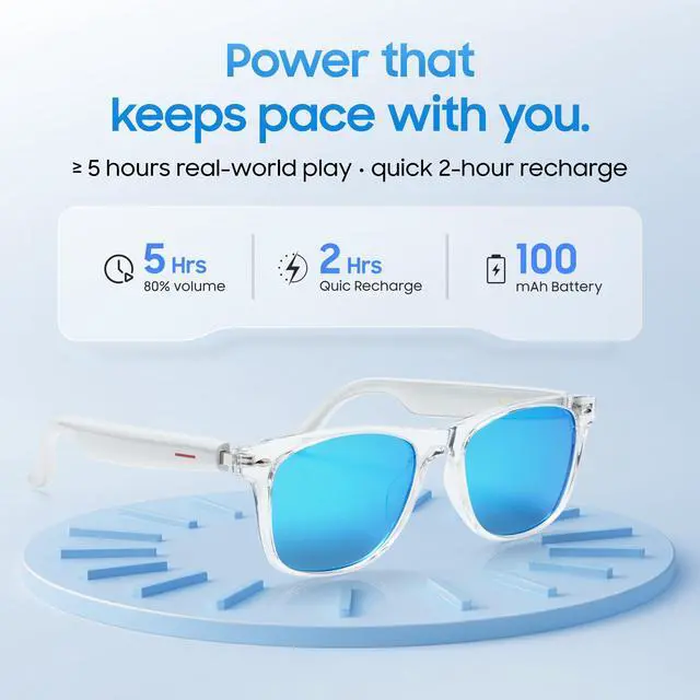 Alt view image 6 of 6 - AI Smart Glasses, Translator, Open-Ear Bluetooth Audio, Ice-Blue Lens | Real-time AI interpreter & translator, open-ear speakers, auto on/off wear sensor, touch control, for men & women
