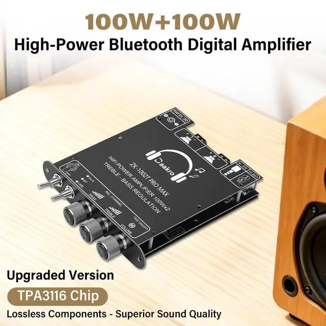 Alt view image 2 of 7 - ZK-1002T Pro Max 2.0 Channel Bluetooth 5.3 Amplifier Board 100W+100W HiFi Audio AMP with Treble and Bass, TWS,BT USB and AUX Inputs, DC 12-24V 2.0 Channel Stereo AMP Module for DIY Speakers