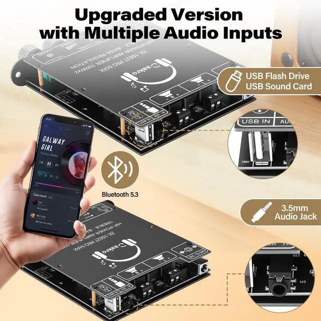 Alt view image 3 of 7 - ZK-1002T Pro Max 2.0 Channel Bluetooth 5.3 Amplifier Board 100W+100W HiFi Audio AMP with Treble and Bass, TWS,BT USB and AUX Inputs, DC 12-24V 2.0 Channel Stereo AMP Module for DIY Speakers