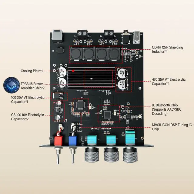 Alt view image 4 of 7 - ZK-1002T Pro Max 2.0 Channel Bluetooth 5.3 Amplifier Board 100W+100W HiFi Audio AMP with Treble and Bass, TWS,BT USB and AUX Inputs, DC 12-24V 2.0 Channel Stereo AMP Module for DIY Speakers