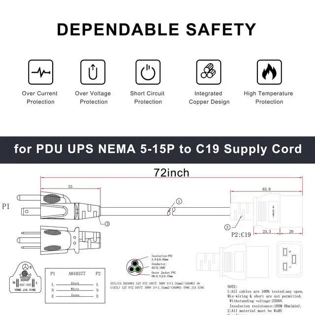 Alt view image 5 of 7 - NEMA 5-15P to C19 Power Cord, North American 3 Prong NEMA 5-15P to C19 Female Extension Power Cord, 16AWG SJT 6FT Extension Cable for PDU/UPS/Servers