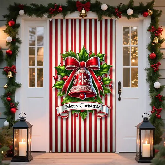 Alt view image 2 of 6 - Christmas Door Cover Banner, 6 x 3 ft Christmas Decorations Flag Photography Background for for Winter Party Decorations Supplies (Bell, 70.8 x 35.4 Inch)