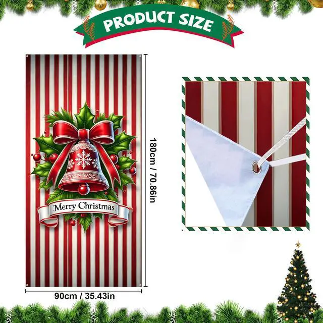 Alt view image 3 of 6 - Christmas Door Cover Banner, 6 x 3 ft Christmas Decorations Flag Photography Background for for Winter Party Decorations Supplies (Bell, 70.8 x 35.4 Inch)