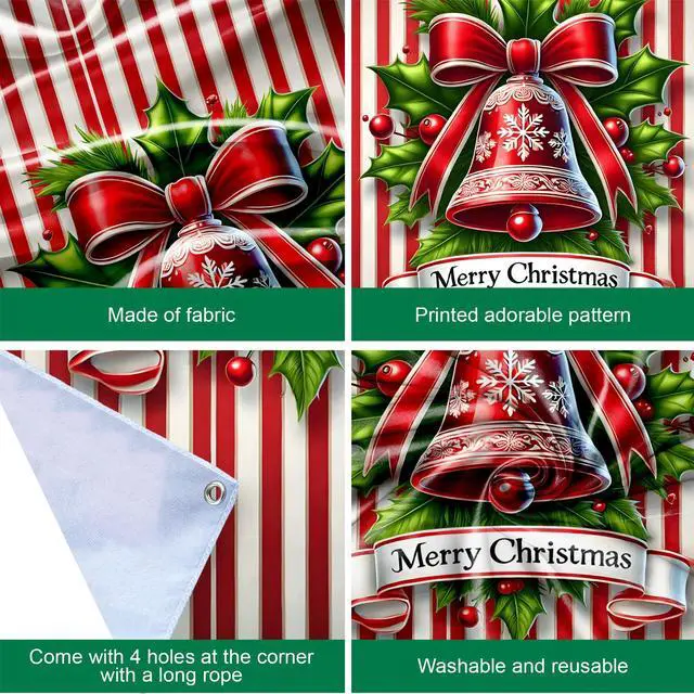 Alt view image 4 of 6 - Christmas Door Cover Banner, 6 x 3 ft Christmas Decorations Flag Photography Background for for Winter Party Decorations Supplies (Bell, 70.8 x 35.4 Inch)