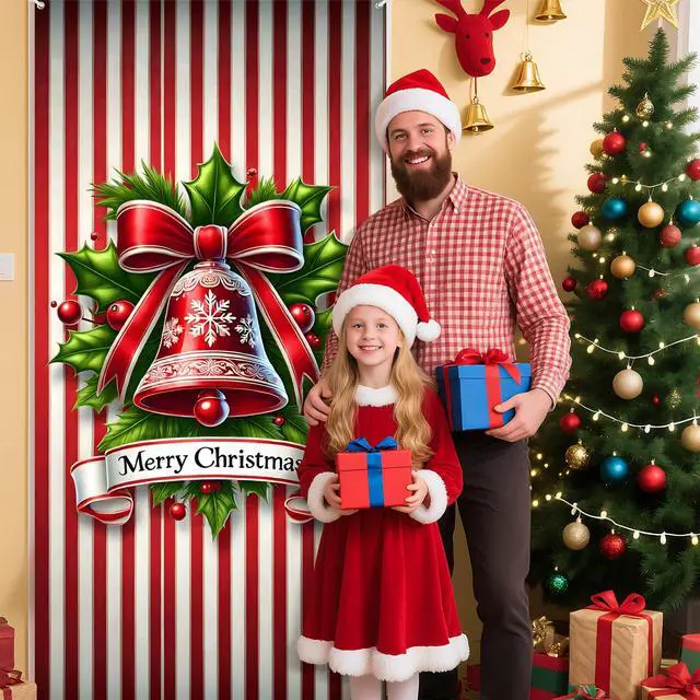Alt view image 6 of 6 - Christmas Door Cover Banner, 6 x 3 ft Christmas Decorations Flag Photography Background for for Winter Party Decorations Supplies (Bell, 70.8 x 35.4 Inch)