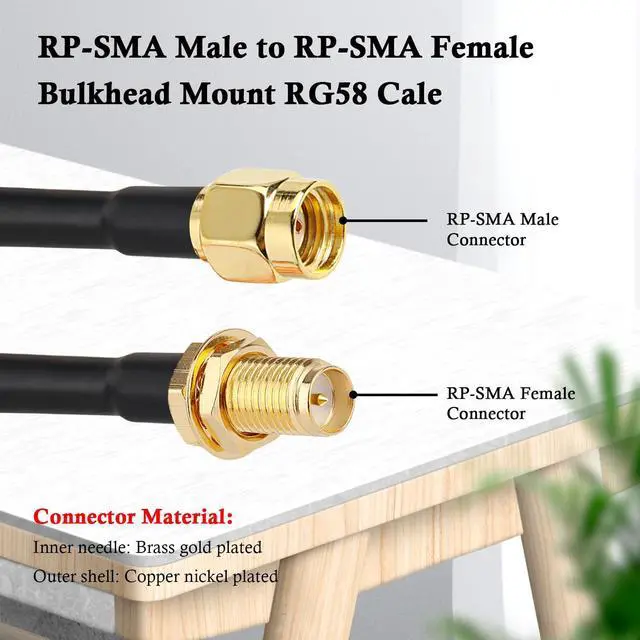 Alt view image 2 of 6 - RP-SMA Male to RP-SMA Female Bulkhead Cable 1FT 2PCS, RG58 Coaxial Cable with Panel Mount, Gold Plated Connector, Low Loss RF Extension Cable for WiFi Antenna, Router, FPV, SDR
