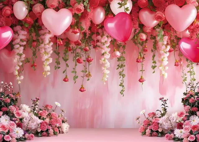 Alt view image 2 of 7 - Flowers Wall Backdrop Pink Flowers Love Heart Balloons Romantic Photography Background Wedding Anniversary Birthday Valentines Party Decorations Banner Supplies (8x6FT)