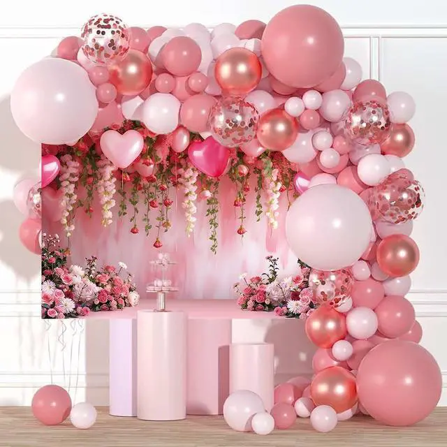Alt view image 3 of 7 - Flowers Wall Backdrop Pink Flowers Love Heart Balloons Romantic Photography Background Wedding Anniversary Birthday Valentines Party Decorations Banner Supplies (8x6FT)
