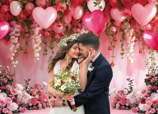 Alt view image 4 of 7 - Flowers Wall Backdrop Pink Flowers Love Heart Balloons Romantic Photography Background Wedding Anniversary Birthday Valentines Party Decorations Banner Supplies (8x6FT)
