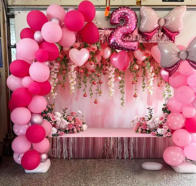 Alt view image 5 of 7 - Flowers Wall Backdrop Pink Flowers Love Heart Balloons Romantic Photography Background Wedding Anniversary Birthday Valentines Party Decorations Banner Supplies (8x6FT)