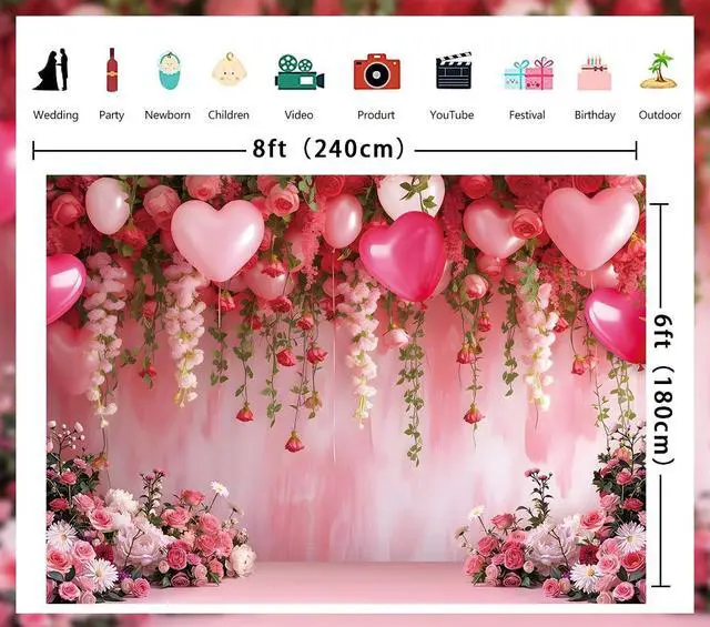 Alt view image 7 of 7 - Flowers Wall Backdrop Pink Flowers Love Heart Balloons Romantic Photography Background Wedding Anniversary Birthday Valentines Party Decorations Banner Supplies (8x6FT)