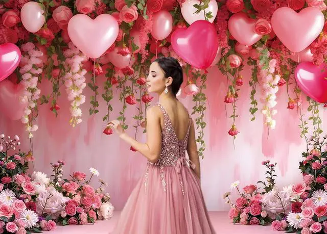 Alt view image 6 of 7 - Flowers Wall Backdrop Pink Flowers Love Heart Balloons Romantic Photography Background Wedding Anniversary Birthday Valentines Party Decorations Banner Supplies (8x6FT)