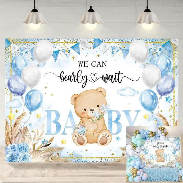 Main image of Bear Baby Shower Backdrop Blue Boho We Can Bearly Wait Baby Shower Photography Background Boys Newborn 1st Birthday Party Decorations Banner Photo Props (8x6FT)