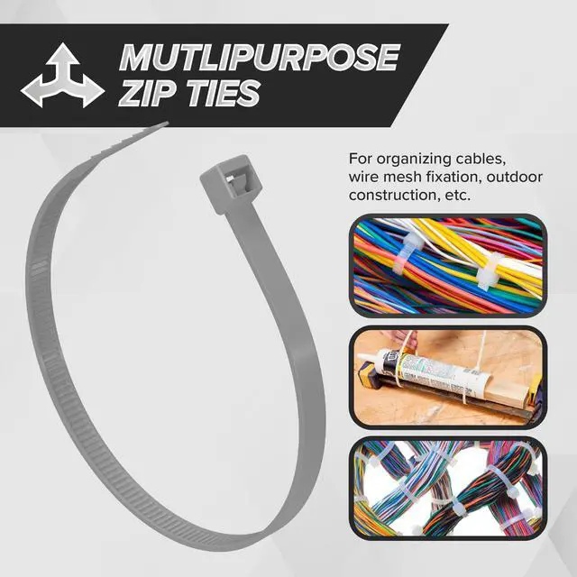 Alt view image 2 of 7 - 11-Inch Zip Ties - Indoor/Outdoor Cable Ties for Cord and Wire Management, No Tools Needed - Strong Nylon Cable Holders 11 IN, 100 Pack, Grey
