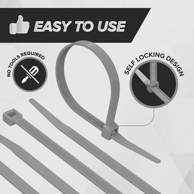 Alt view image 4 of 7 - 11-Inch Zip Ties - Indoor/Outdoor Cable Ties for Cord and Wire Management, No Tools Needed - Strong Nylon Cable Holders 11 IN, 100 Pack, Grey
