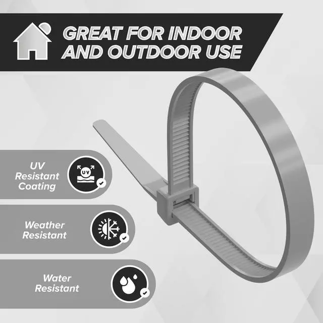 Alt view image 5 of 7 - 11-Inch Zip Ties - Indoor/Outdoor Cable Ties for Cord and Wire Management, No Tools Needed - Strong Nylon Cable Holders 11 IN, 100 Pack, Grey