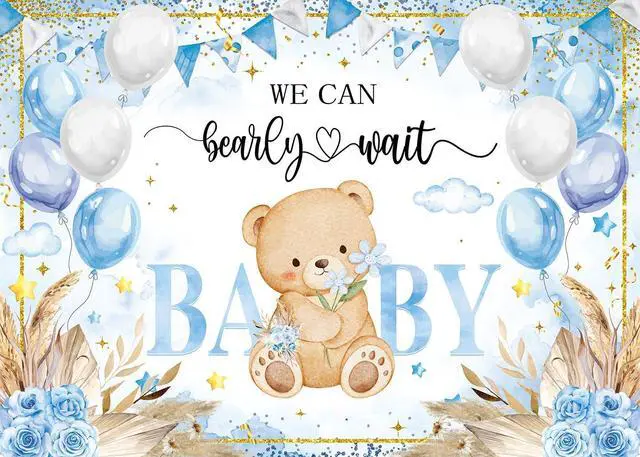 Alt view image 2 of 7 - Bear Baby Shower Backdrop Blue Boho We Can Bearly Wait Baby Shower Photography Background Boys Newborn 1st Birthday Party Decorations Banner Photo Props (8x6FT)