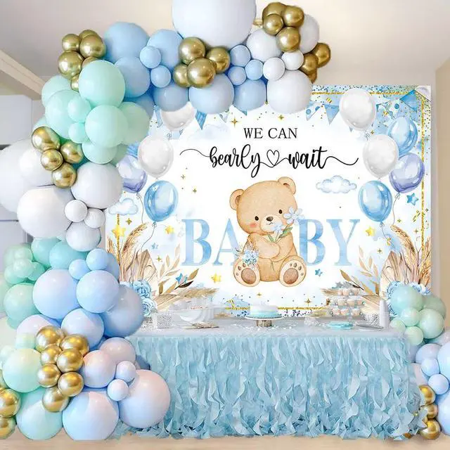 Alt view image 3 of 7 - Bear Baby Shower Backdrop Blue Boho We Can Bearly Wait Baby Shower Photography Background Boys Newborn 1st Birthday Party Decorations Banner Photo Props (8x6FT)
