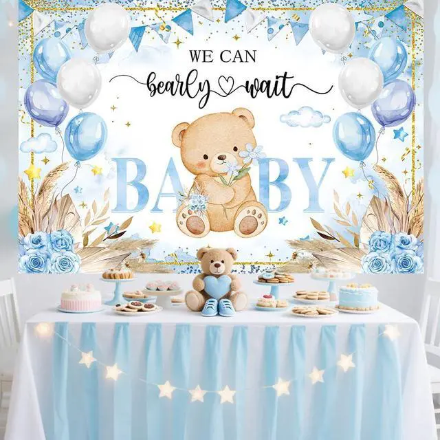 Alt view image 5 of 7 - Bear Baby Shower Backdrop Blue Boho We Can Bearly Wait Baby Shower Photography Background Boys Newborn 1st Birthday Party Decorations Banner Photo Props (8x6FT)