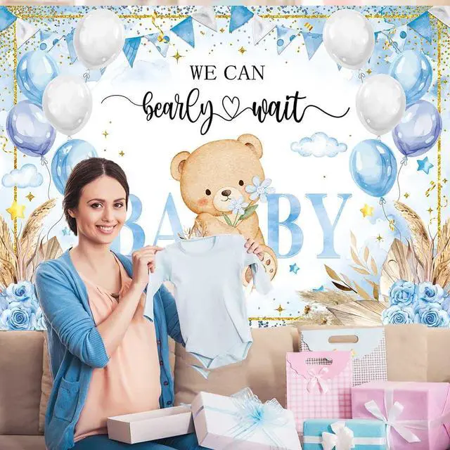 Alt view image 6 of 7 - Bear Baby Shower Backdrop Blue Boho We Can Bearly Wait Baby Shower Photography Background Boys Newborn 1st Birthday Party Decorations Banner Photo Props (8x6FT)