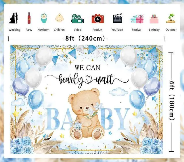 Alt view image 7 of 7 - Bear Baby Shower Backdrop Blue Boho We Can Bearly Wait Baby Shower Photography Background Boys Newborn 1st Birthday Party Decorations Banner Photo Props (8x6FT)
