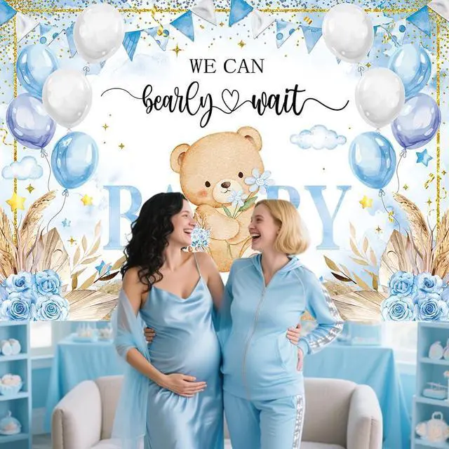 Alt view image 4 of 7 - Bear Baby Shower Backdrop Blue Boho We Can Bearly Wait Baby Shower Photography Background Boys Newborn 1st Birthday Party Decorations Banner Photo Props (8x6FT)