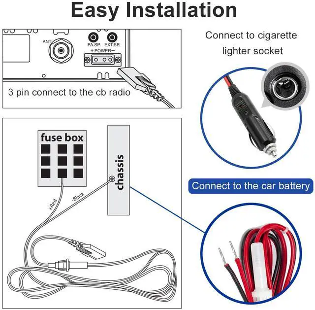Alt view image 3 of 6 - CB Power Cord 3 Pin Plug Cable 2-Wire 15A Fused Replacement with 12V Car Cigarette Lighter Plug for Cobra Uniden Midland Mobile CB Ham Radio (3PIN 2PACK)