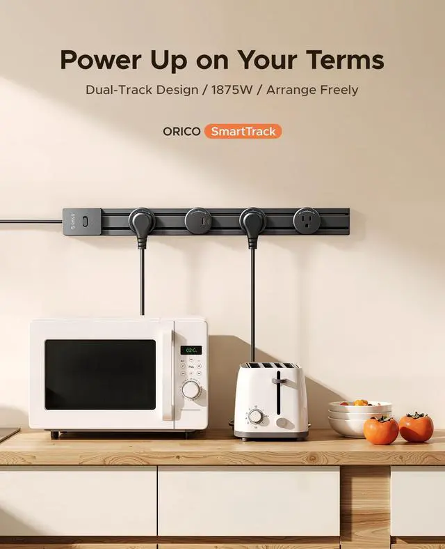 Alt view image 2 of 7 - PD 20W Power Strip Track Socket with Surge Protector | Track Outlet with Removable 3 AC Outlet Adapters 1875W & 1 USB-C, 5 FT Flat Plug Extension Cord for Home Office Kitchen