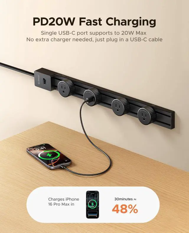 Alt view image 4 of 7 - PD 20W Power Strip Track Socket with Surge Protector | Track Outlet with Removable 3 AC Outlet Adapters 1875W & 1 USB-C, 5 FT Flat Plug Extension Cord for Home Office Kitchen