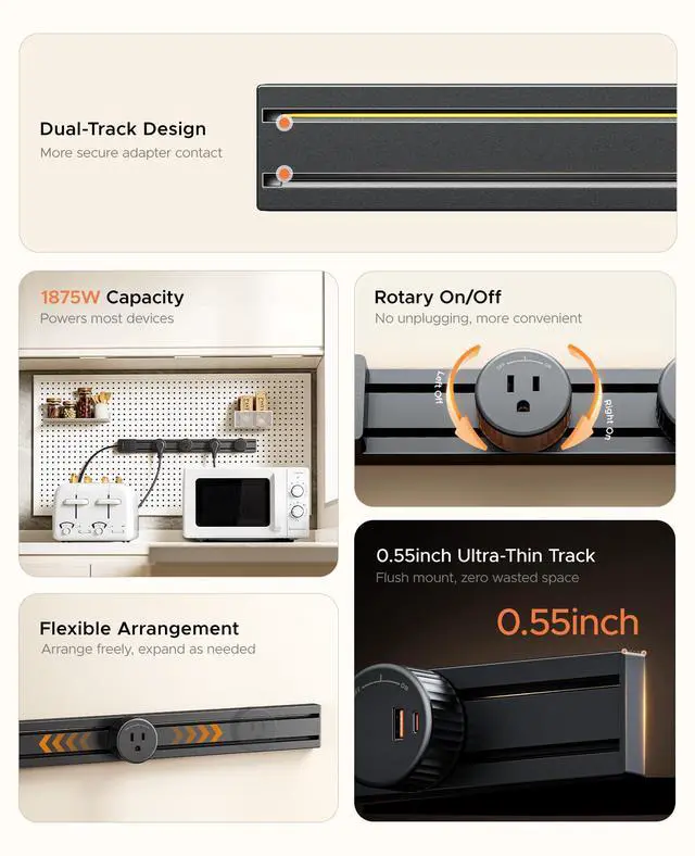 Alt view image 5 of 7 - PD 20W Power Strip Track Socket with Surge Protector | Track Outlet with Removable 3 AC Outlet Adapters 1875W & 1 USB-C, 5 FT Flat Plug Extension Cord for Home Office Kitchen
