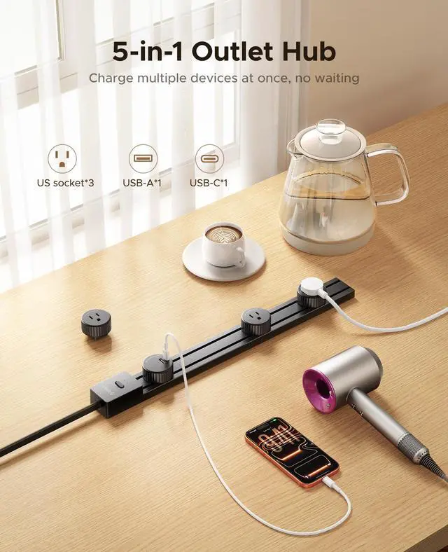 Alt view image 3 of 7 - PD 20W Power Strip Track Socket with Surge Protector | Track Outlet with Removable 3 AC Outlet Adapters 1875W & 1 USB-C, 5 FT Flat Plug Extension Cord for Home Office Kitchen