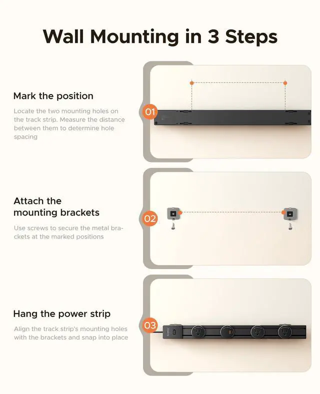Alt view image 7 of 7 - PD 20W Power Strip Track Socket with Surge Protector | Track Outlet with Removable 3 AC Outlet Adapters 1875W & 1 USB-C, 5 FT Flat Plug Extension Cord for Home Office Kitchen