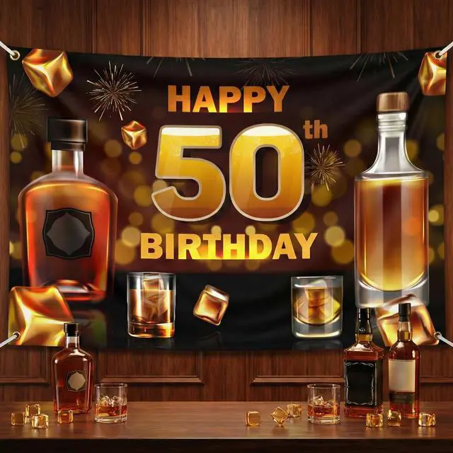Main image of 50th Birthday Whiskey Backdrop Banner - 70x50 Inch Large Aged to Perfection Party Decorations - Cheers to 50 Years Photography Background for Men Women - Vintage 1976 Wall Decor