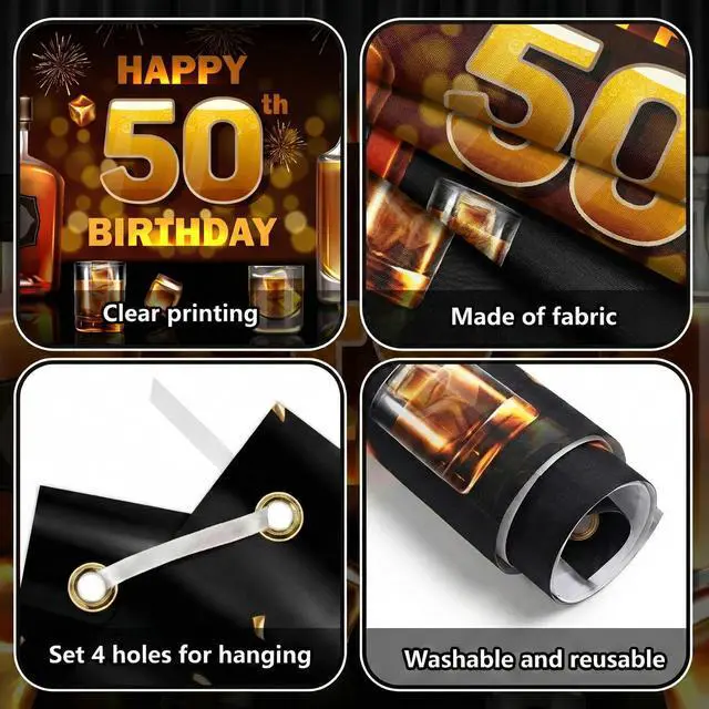 Alt view image 3 of 7 - 50th Birthday Whiskey Backdrop Banner - 70x50 Inch Large Aged to Perfection Party Decorations - Cheers to 50 Years Photography Background for Men Women - Vintage 1976 Wall Decor