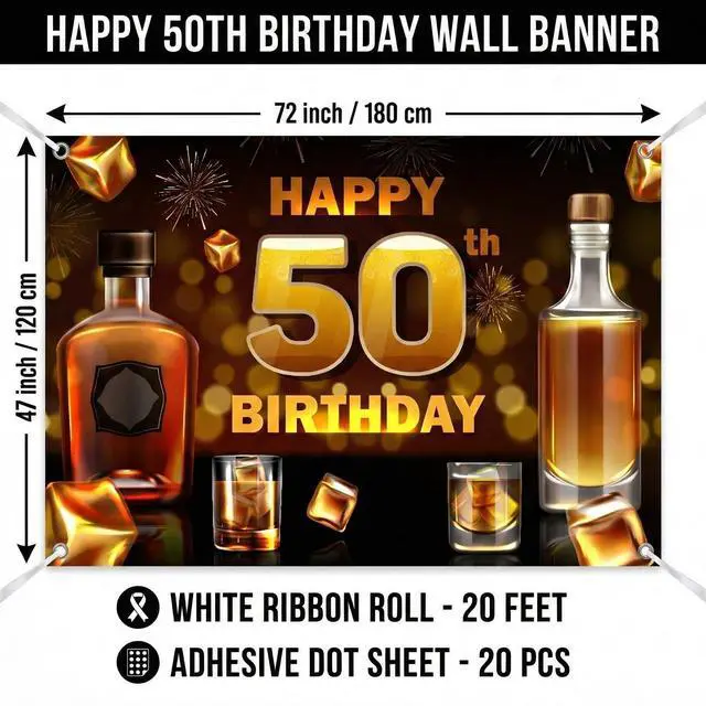 Alt view image 2 of 7 - 50th Birthday Whiskey Backdrop Banner - 70x50 Inch Large Aged to Perfection Party Decorations - Cheers to 50 Years Photography Background for Men Women - Vintage 1976 Wall Decor
