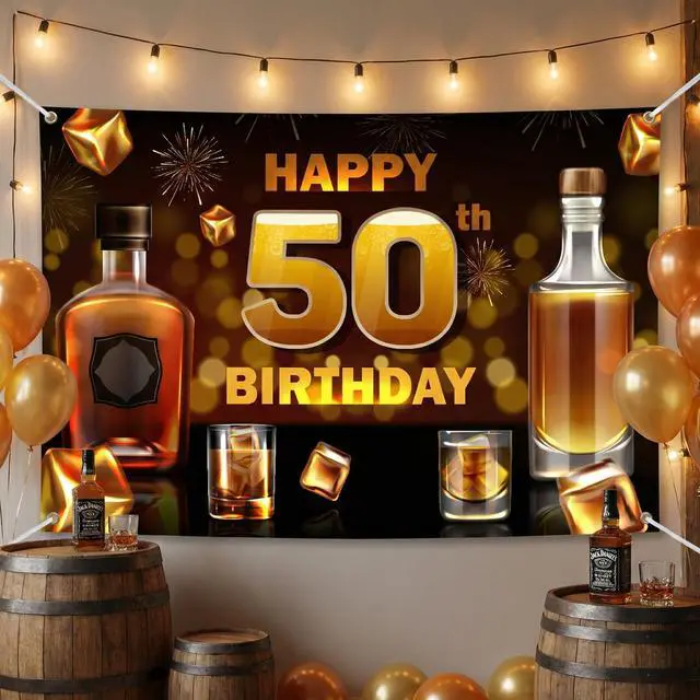Alt view image 5 of 7 - 50th Birthday Whiskey Backdrop Banner - 70x50 Inch Large Aged to Perfection Party Decorations - Cheers to 50 Years Photography Background for Men Women - Vintage 1976 Wall Decor