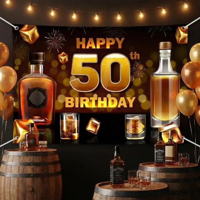 Alt view image 4 of 7 - 50th Birthday Whiskey Backdrop Banner - 70x50 Inch Large Aged to Perfection Party Decorations - Cheers to 50 Years Photography Background for Men Women - Vintage 1976 Wall Decor