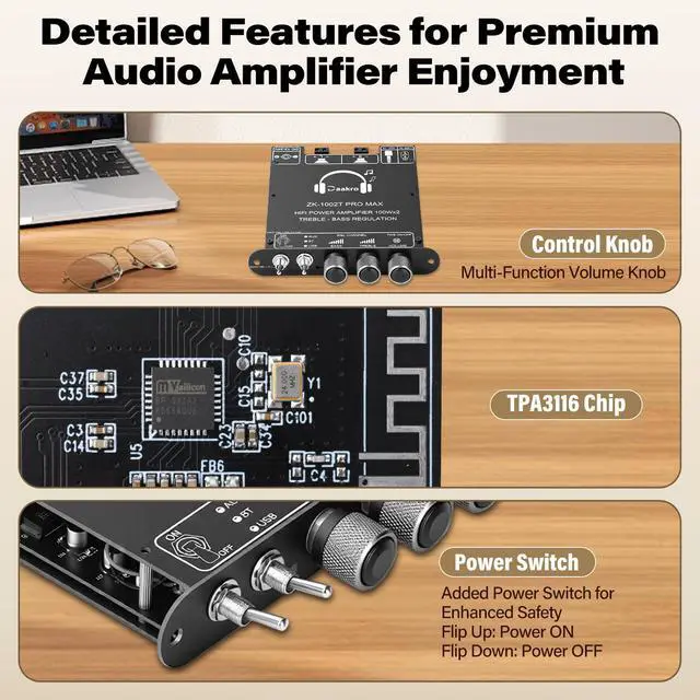 Alt view image 7 of 7 - ZK-1002T Pro Max 2.0 Channel Bluetooth 5.3 Amplifier Board 100W+100W HiFi Audio AMP with Treble and Bass, TWS,BT USB and AUX Inputs, DC 12-24V 2.0 Channel Stereo AMP Module for DIY Speakers