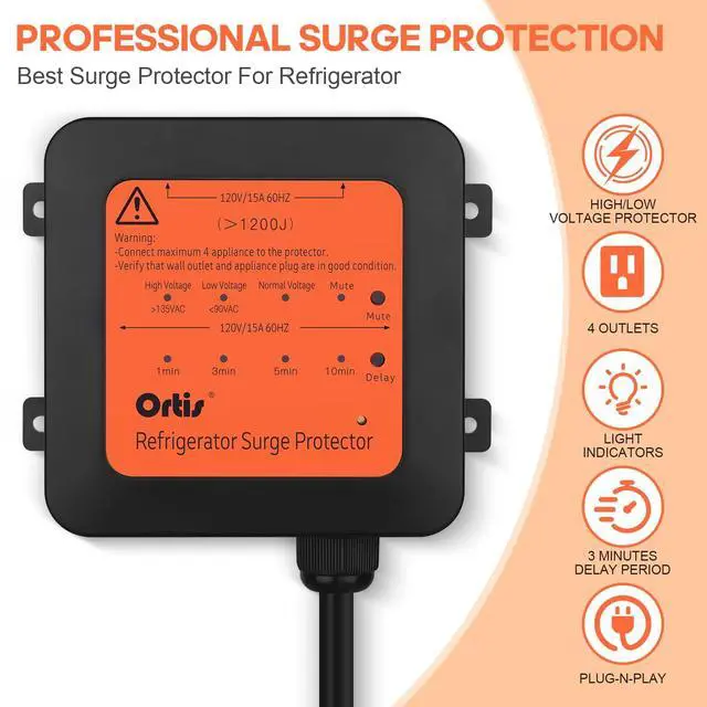 Alt view image 2 of 7 - 4-Outlet Refrigerator Surge Protector, 1200J Voltage Protector with 1.3ft Cord, Delay Start, Quick Reset, Audible Alarm & LED Indicators, for 27+ cu. ft. Fridges and Home Appliances