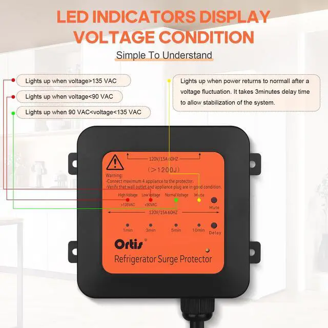 Alt view image 4 of 7 - 4-Outlet Refrigerator Surge Protector, 1200J Voltage Protector with 1.3ft Cord, Delay Start, Quick Reset, Audible Alarm & LED Indicators, for 27+ cu. ft. Fridges and Home Appliances