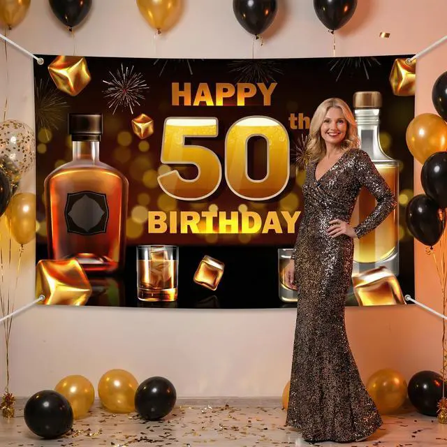 Alt view image 6 of 7 - 50th Birthday Whiskey Backdrop Banner - 70x50 Inch Large Aged to Perfection Party Decorations - Cheers to 50 Years Photography Background for Men Women - Vintage 1976 Wall Decor