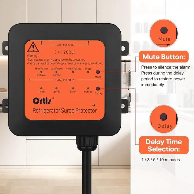 Alt view image 5 of 7 - 4-Outlet Refrigerator Surge Protector, 1200J Voltage Protector with 1.3ft Cord, Delay Start, Quick Reset, Audible Alarm & LED Indicators, for 27+ cu. ft. Fridges and Home Appliances