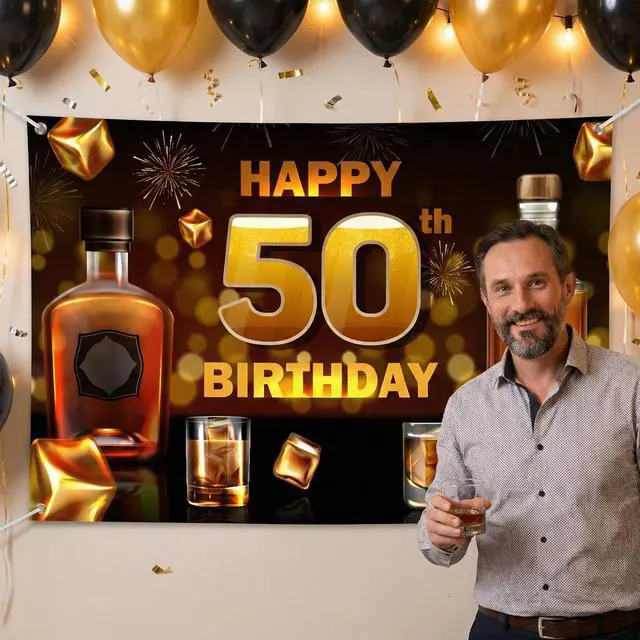 Alt view image 7 of 7 - 50th Birthday Whiskey Backdrop Banner - 70x50 Inch Large Aged to Perfection Party Decorations - Cheers to 50 Years Photography Background for Men Women - Vintage 1976 Wall Decor
