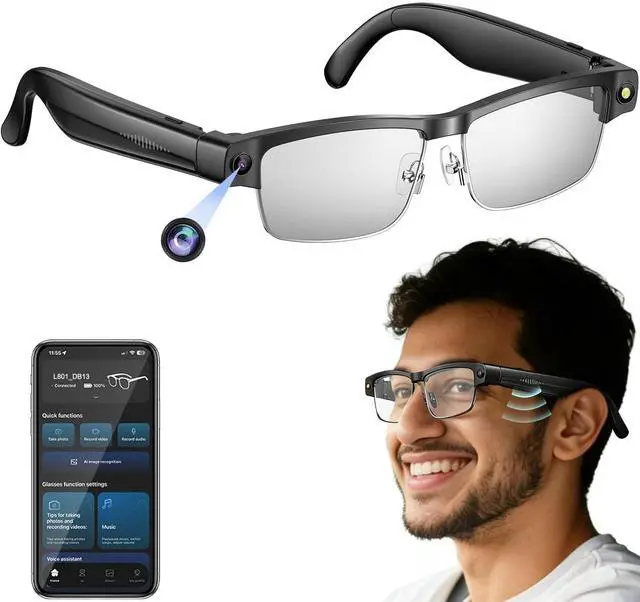 Main image of Smart AI Glasses with Camera, 800W Cameras & Photo Capture, Real-Time Translation, Recording Glasses with AI Assistant, Open-Ear Audio, Object Recognition, Bluetooth, for Travel (B1#)