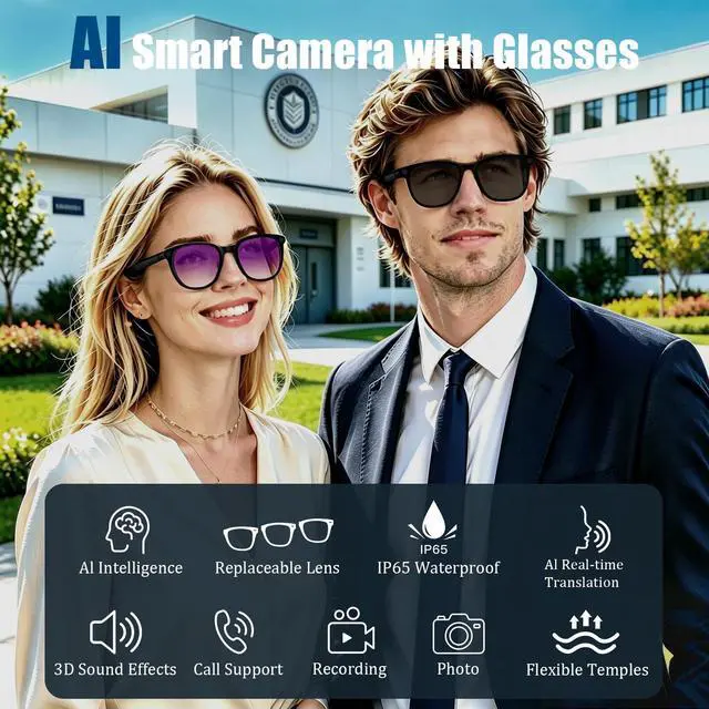 Alt view image 2 of 7 - AI Smart Glasses with Camera,4K HD Camera Glasses with EIS Image Stabilization,Video Recording Glasses with AI Assistant,Wi-Fi+Bluetooth 6.0 Transfer,Replaceable 3 Lens,Real-Time Translation