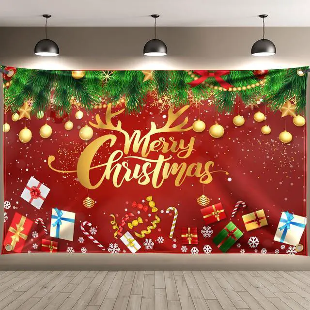 Main image of XtraLarge, 6x4 Feet Merry Christmas Banner - Red and Gold Christmas Decorations | Xmas Party Decorations, Photo Backdrop | Xmas Party Banner, Background for Fireplace, Home, Office, Gatherings