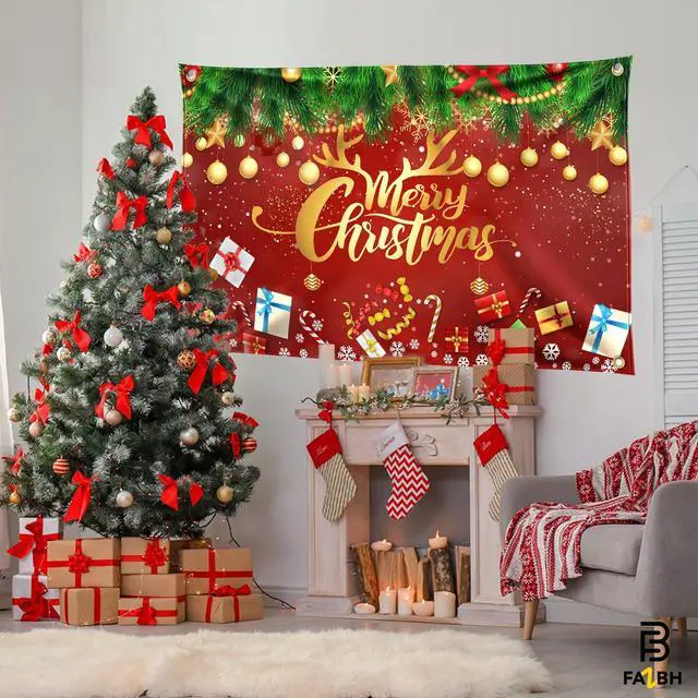 Alt view image 2 of 6 - XtraLarge, 6x4 Feet Merry Christmas Banner - Red and Gold Christmas Decorations | Xmas Party Decorations, Photo Backdrop | Xmas Party Banner, Background for Fireplace, Home, Office, Gatherings