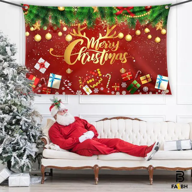 Alt view image 5 of 6 - XtraLarge, 6x4 Feet Merry Christmas Banner - Red and Gold Christmas Decorations | Xmas Party Decorations, Photo Backdrop | Xmas Party Banner, Background for Fireplace, Home, Office, Gatherings